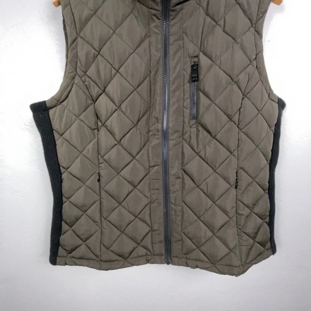 Andrew Marc Quilted Vest Women XL Olive Full Zip Ribbed Trim Puffer Outdoor Hike